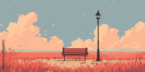 Solitary red park bench and vintage black lamppost in a tranquil, minimalist landscape illustration.