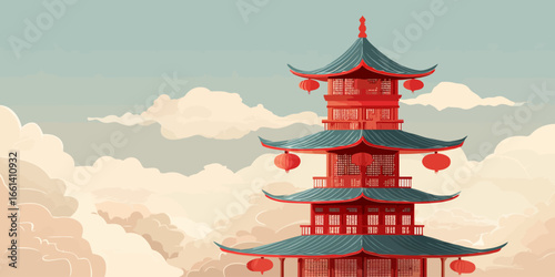 Vibrant Red Asian Pagoda with Teal Curved Roofs and Hanging Lanterns Illustration