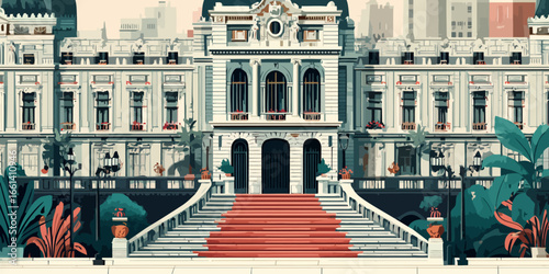 Stylized illustration of a grand classical palace with an elegant red carpet staircase.