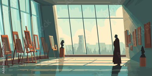 Spacious, sunlit art gallery interior with easels, sculptures, and a large window overlooking a cityscape.