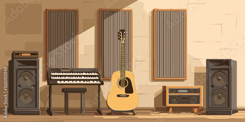 Acoustic guitar, dual-manual keyboard, and speakers in a soundproofed music studio illustration.