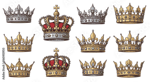 Collection of various ornate, detailed crowns, showcasing different designs and styles, isolated on white.