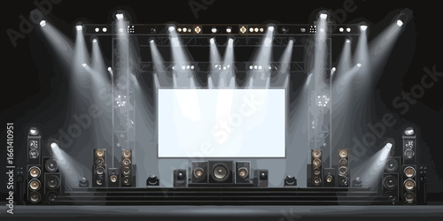 Empty concert stage with bright spotlights, a large blank screen, and a powerful sound system.