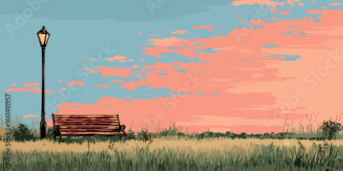 A serene illustration of an empty wooden park bench and a vintage lamppost standing together in a wild, grassy field.