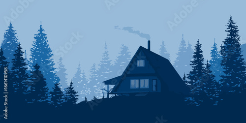 Monochromatic blue illustration of a secluded A-frame cabin nestled in a misty pine forest.