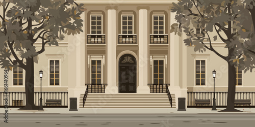 Stately neoclassical building facade with grand columns, a central staircase, and symmetrical windows.