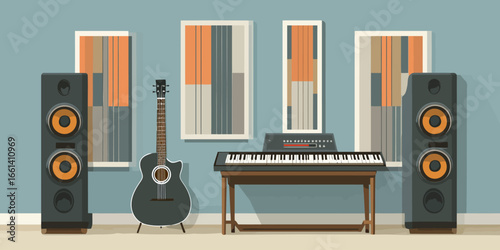 Flat vector illustration of a home music studio with a keyboard, acoustic guitar, and large floor-standing speakers.