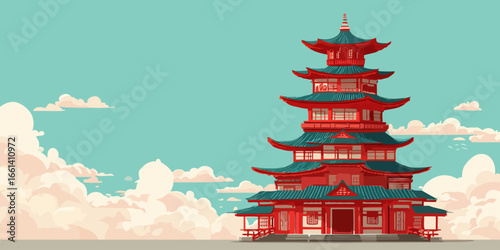 Vibrant red and teal Japanese pagoda tower with multiple curved roofs in a flat illustration style.