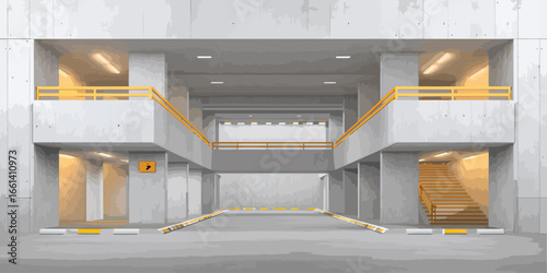 Symmetrical concrete parking garage interior with yellow railings and warm lighting.