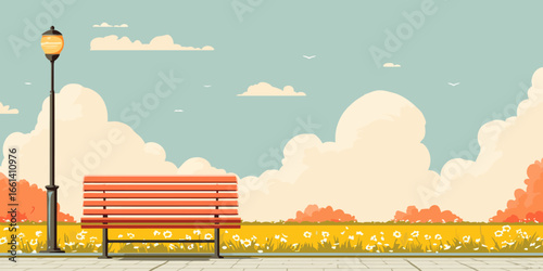 Serene park landscape illustration with an empty orange bench, a classic lamppost, and a field of white flowers under a cloudy sky.