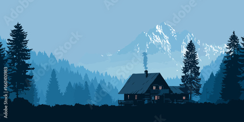 Blue monochromatic vector art of a remote cabin with glowing windows in a layered mountain and forest wilderness.