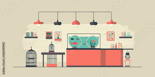 Stylish pet shop interior illustration with an aquarium, bird cages, and modern hanging lamps.