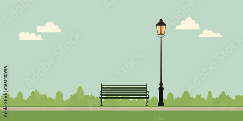 Ornate black lamppost glowing warmly next to a traditional green slatted park bench.