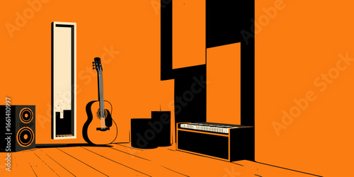 Minimalist Music Room with Acoustic Guitar and Keyboard in a Bold Graphic Style