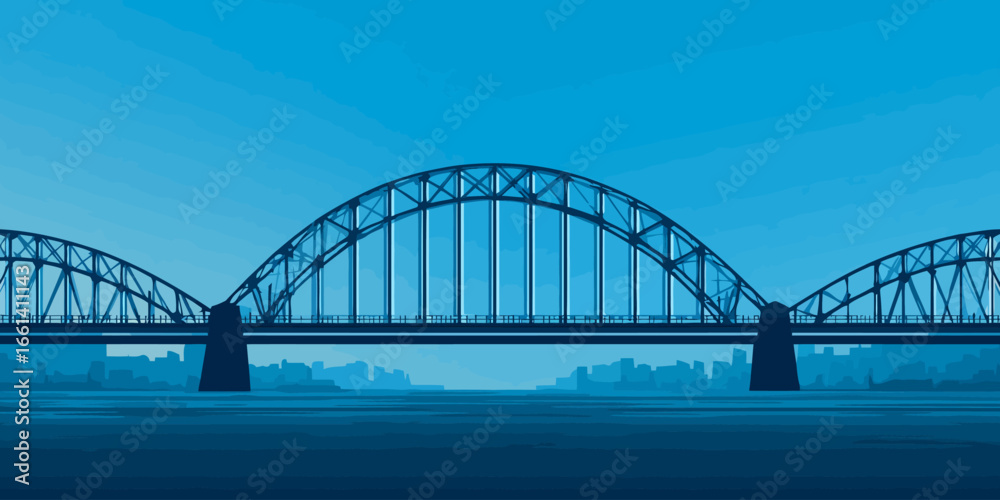 Fototapeta premium Stylized illustration of a large, three-arch steel truss bridge in monochromatic blue tones.
