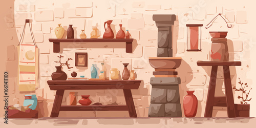 Stylized illustration of a rustic pottery workshop with various handmade ceramic vessels on display.