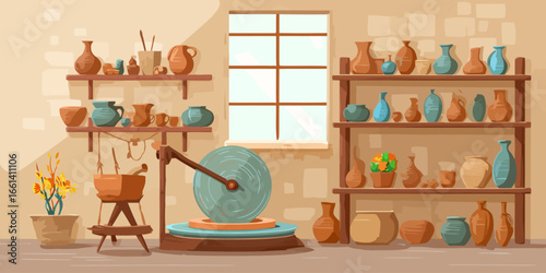 Illustrated pottery workshop interior with a potter's wheel and shelves filled with handmade clay vases and pots.