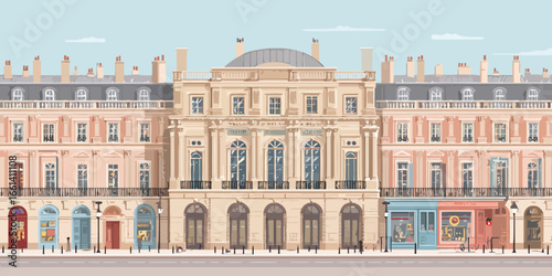 Elegant Parisian streetscape illustration featuring classic Haussmann-style building facades with shops and balconies.