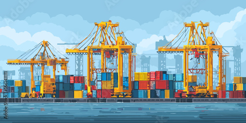 Stylized illustration of a bustling commercial seaport with yellow gantry cranes and stacked cargo containers.