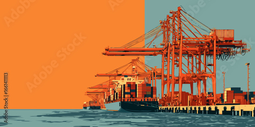 Stylized graphic illustration of a container ship and orange gantry cranes at a commercial dock.