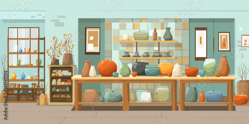 Illustrated pottery studio showcasing a collection of colorful handmade ceramic vases and bowls on wooden shelves.