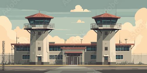 Symmetrical correctional facility with twin concrete guard towers and a central barred gate.