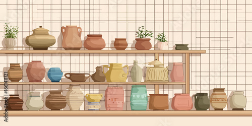 Artisanal collection of diverse ceramic vessels, including pots, vases, and jugs in earthy tones, arranged on wooden shelves.