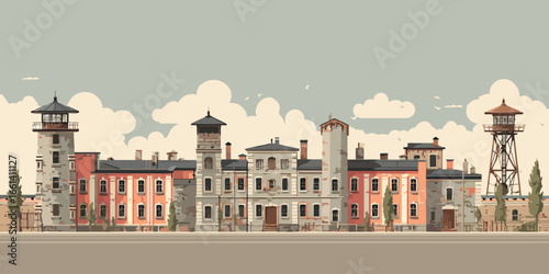 Stylized illustration of an old prison complex with imposing stone walls and guard towers.