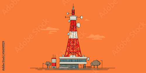 Flat vector illustration of a red and white steel lattice telecommunication tower with a modern base building and antennas.