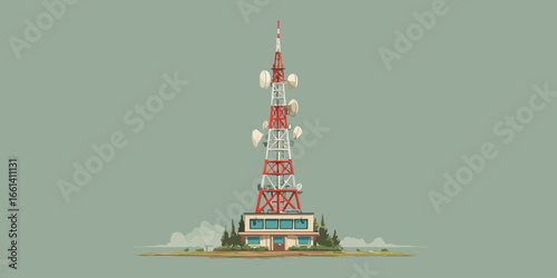Tall red and white telecommunication tower with satellite dishes and a base station building, illustrated in a flat vector style.
