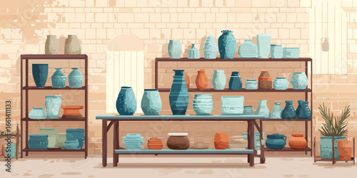 Handcrafted ceramic pottery collection with blue and terracotta vases, pots, and bowls displayed on wooden shelves in a rustic workshop.