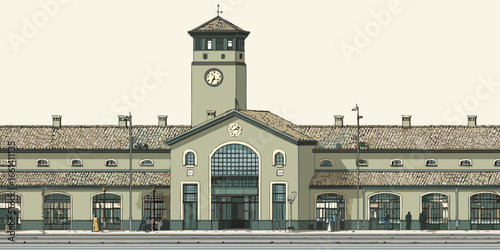 Vintage-style railway station building with a central clock tower, illustrated with bold outlines.