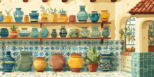 Illustrated collection of rustic, hand-painted ceramic pottery and vases in a Mediterranean style.
