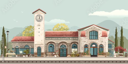 Charming old stone train station with a clock tower and red tile roof, vector illustration.