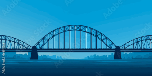 Stylized illustration of a large, three-arch steel truss bridge in monochromatic blue tones.