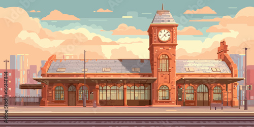 Classic red brick railway station with a central clock tower in a stylized, flat illustration style.