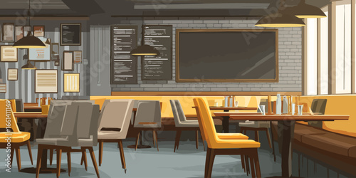 Stylized illustration of a modern industrial restaurant interior with yellow chairs, brick walls, and chalkboard menus.