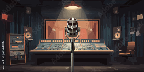 Dimly lit professional music recording studio with a vintage microphone, mixing console, and audio equipment.