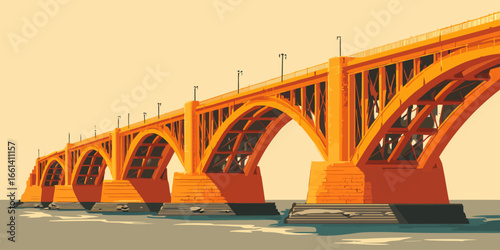 Stylized vector illustration of a long, orange arch bridge with multiple spans and lampposts.