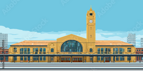 Grand yellow railway station with a tall clock tower, illustrated in a flat, clean vector style.