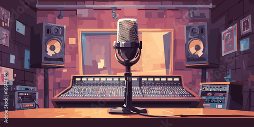 Retro-style music recording studio with a vintage microphone, mixing console, and speakers.