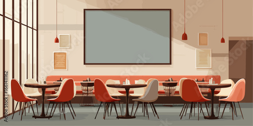 Stylized illustration of a modern cafe interior with red chairs, round tables, and a long banquette.