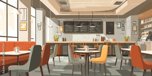 Stylized illustration of a modern coffee shop interior with warm, natural light and colorful furniture.