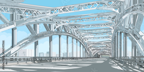 Intricate white steel truss arch bridge with a road deck, anime style illustration.