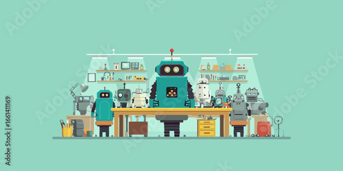 A diverse team of colorful, friendly cartoon robots assembled in a futuristic workshop.