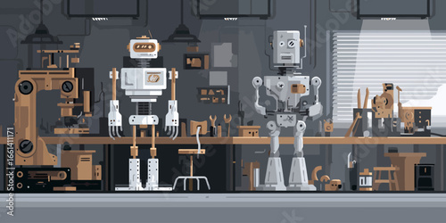 A detailed flat illustration of two distinct humanoid robots standing in a mechanical workshop.