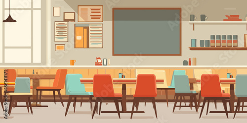 Cozy and Colorful Cafe Interior with Retro Chairs and a Blank Chalkboard Menu