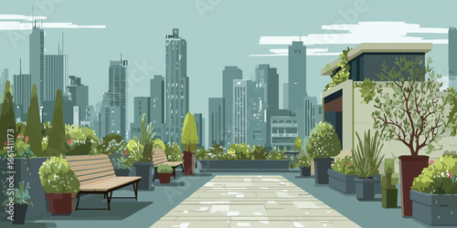 Illustrated urban rooftop garden with wooden benches, potted plants, and a city skyline view.