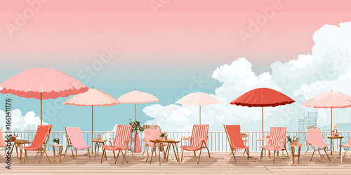 A serene rooftop cafe terrace with pink and red striped chairs and umbrellas.