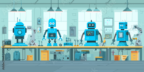 A row of blue humanoid robots on a workbench in a futuristic manufacturing workshop illustration.
